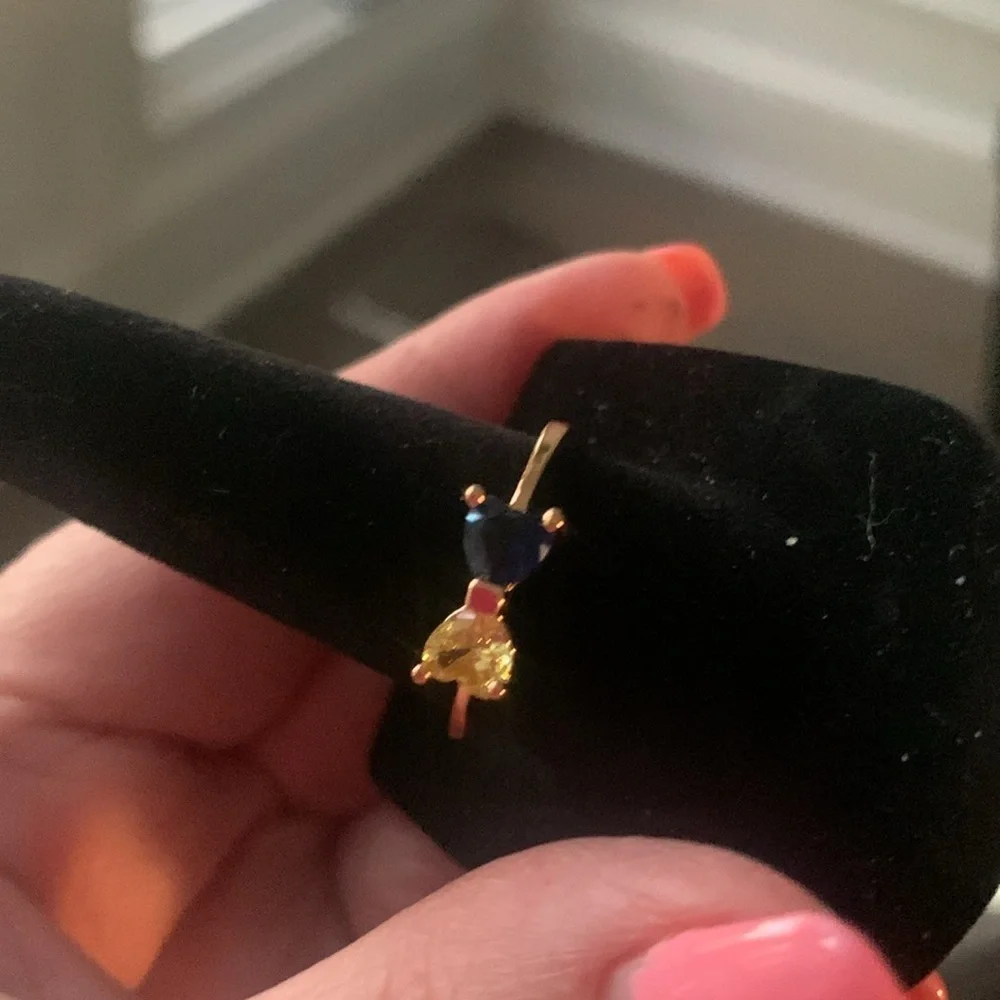 NEW  HIGH END 18k Rose Gold Plated Hearts Ring with Blue and Yellow Stones. #8